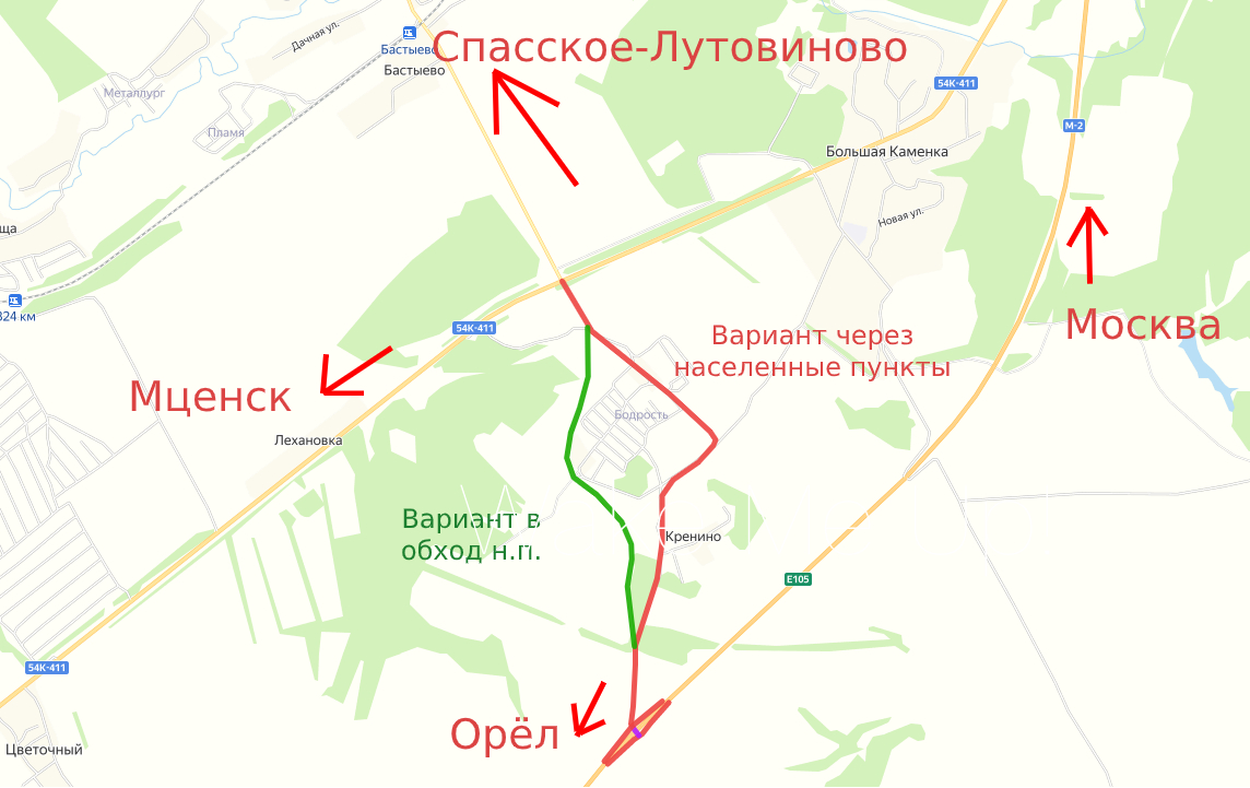 Подъезд к музею-заповеднику "Спасское-Лутовиново" от трассы М-2 "Крым". Схема на основе Яндекс.Карт.