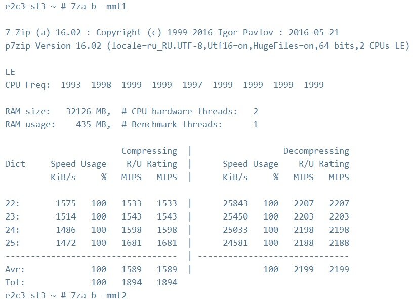 Тест микропроцессора Эльбрус-2С3 в архиваторе 7-Zip 16.02 в одноядерном режиме. Изображение взято в сети Интернет в свободном доступе.