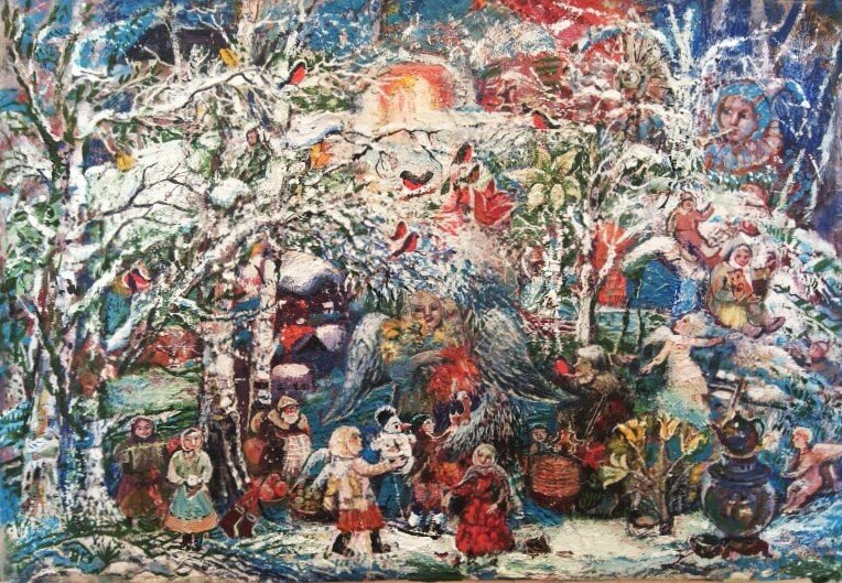 Козлова Галина Зимние радости 40х50 к масло темпера  #аукцион_новогодний21                                         Козлова Галина член Союза художников .
Ее работы находятся в многочисленных коллекциях в России и за рубежом, в Музеях. Как-то искусствовед (Павловский) написал, что картины художника написаны как-бы вне времени.
И правда. В этой работе снежный праздник охватывает счастьем и радостью бытия и природу всех времён года, и людей от стара до мала. Ангел-хранитель , которому подарили цветы , как камертон доброты. Как ему радостно ощущать и наблюдать любовь, песни, катания с горок, подарки.
Цветы от далекой весны, Масленица, которая впереди, снегири, угощения, гостеприимный самовар .
Все ликует радостью и любовью.... вневременной