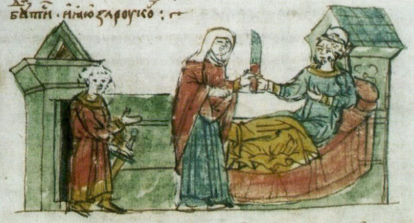 Покушение Рогнеды на Владимира (миниатюра Радзивилловской летописи, конец XV в.)