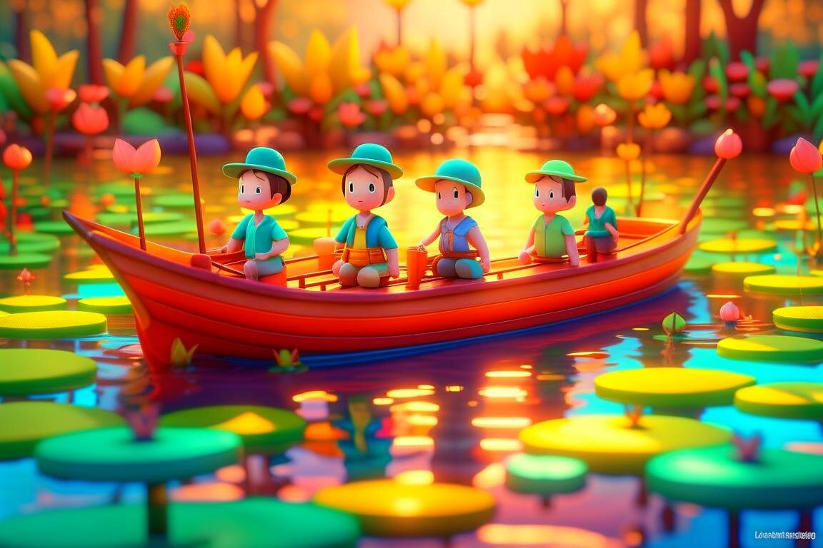 the cartoon people are rowing in the pond, in the style of miniature and small-scale paintings, rendered in maya, larme kei, kodak colorplus, ricoh ff-9d, portraitures with hidden meanings, playful cartoons