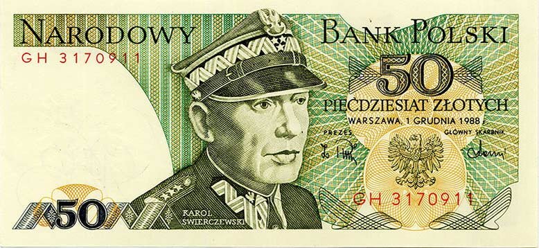 Лицевая сторона (аверс) польской банкноты 50 злотых 1988 года с портретом Кароля Сверчевского.