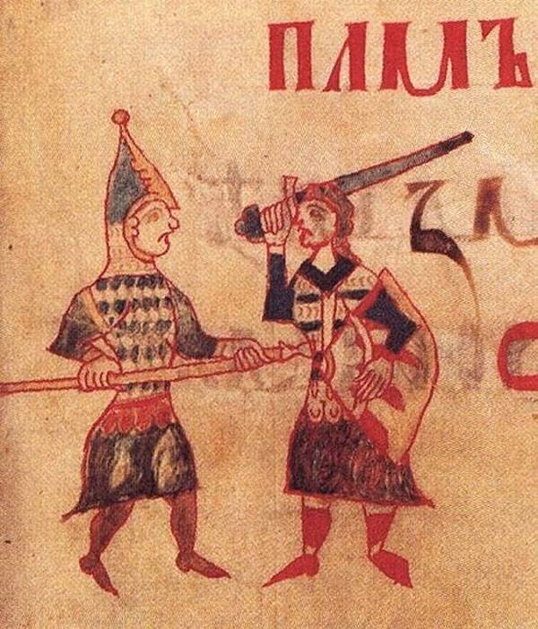 Рисунок из новгородской Буковицы. Воин слева, несомненно, носит шелом.