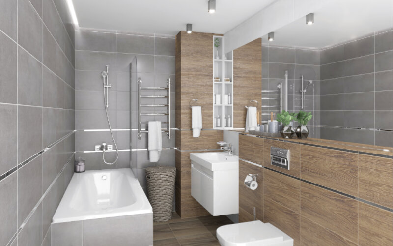 Дизайн-проект ванной комнаты – комбинация коллекций Depo, Village и Zen. Керамическая плитка Laparet.
