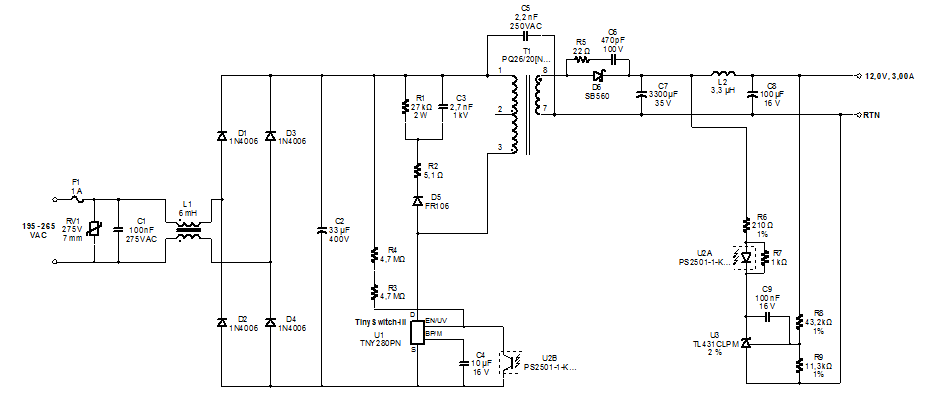 Tny280pn блок питания схема