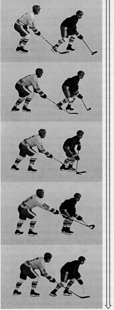 При отборе шайбы подбиванием клюшки противника хоккеист, доставая сзади противника, подводит крюк клюшки под нижнюю часть рукоятки его клюшки, затем коротким кистевым ударным движением вверх подбивает клюшку и забирает шайбы.

Наиболее эффективен отбор перехватом: он позволяет с незначительными энергетическими тратами быстро переходить в острую контратаку. Успех в отборе перехватом во многом определяется умением хоккеиста правильно определить направление атаки противника, выбрать соответствующую позицию и своевременно пойти на перехват. В момент передачи противником шайбы своему партнеру обороняющийся хоккеист, разгадывая его маневр и направление передачи, резким стартовым движением вперед с выпадом перехватывает шайбу крюком или рукояткой клюшки. Овладев шайбой, сразу начинает контратаку. В настоящее время широкое распространение получил отбор шайбы с применением силовых приемов. Это связано с возросшим техническим мастерством хоккеистов, которые умело контролируют шайбу, при обводке надежно загораживают ее туловищем, ограничивая возможность отбора шайбы клюшкой. Поэтому остановка соперника силовым приемом, отделение его от шайбы и овладение ею — эффективное средство отбора шайбы. Техника выполнения этих приемов излагается в разделе «Силовые единоборства».
Приемы борьбы за шайбу при вбрасывании. Команда, выигравшая шайбу при вбрасывании, может сразу начать атаку. Если учесть, что в среднем за матч вбрасывание шайбы производится 70 — 80 раз, то команде, умеющей выигрывать вбрасывание, предоставляется возможность владеть инициативой и большее количество раз начать атаку ворот противника.
Успех в борьбе за шайбу зависит от многих факторов: силовых, скоростных и координационных качеств хоккеиста, внимания, взаимодействия с партнерами, квалификации соперника и др. Однако главным является техника выполнения приема. При выполнении приема борьбы за шайбу при вбрасывании клюшку держат обычным хватом, широким однонаправленным и укороченным. Обычный хват используют те, кто выигрывает шайбу за счет скорости и координационных качеств.
Прием выполняется из исходного положения стоя лицом напротив соперника, ноги согнуты и широко расставлены, туловище наклонено вперед. В момент касания шайбы льда хоккеист резким коротким загребающим движением под себя или коротким ударом вперед—в сторону проталкивает шайбу себе на ход или отбрасывает партнеру, опережая на мгновение соперника.
Отбор шайбы с использованием широкого хвата выполняется из такого же исходного положения. Хоккеист до касания шайбы льда резким коротким ударом крюком или нижней частью рукоятки воздействует на клюшку противника, отбивает ее в сторону, забирает шайбу и отыгрывает ее партнеру.
При отборе шайбы ударом по клюшке противника или ее задержкой клюшкой или рукояткой с последующим разворотом туловища и загораживанием им шайбы, оттесняя соперника, шайбу можно подыграть себе коньком или отдать партнеру. В борьбе за шайбу при вбрасывании имеет значение своевременность действий хоккеиста, зависящая от точности пространственных и временных дифференцировок, а также от изучения манеры ввода шайбы судьей и приемов борьбы соперника.