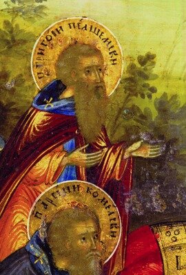 Преподобные Григорий Пельшемский, Арсений Комельский. Фрагмент иконы "Господь Вседержитель с предстоящими Вологодскими святыми", начало XIX в