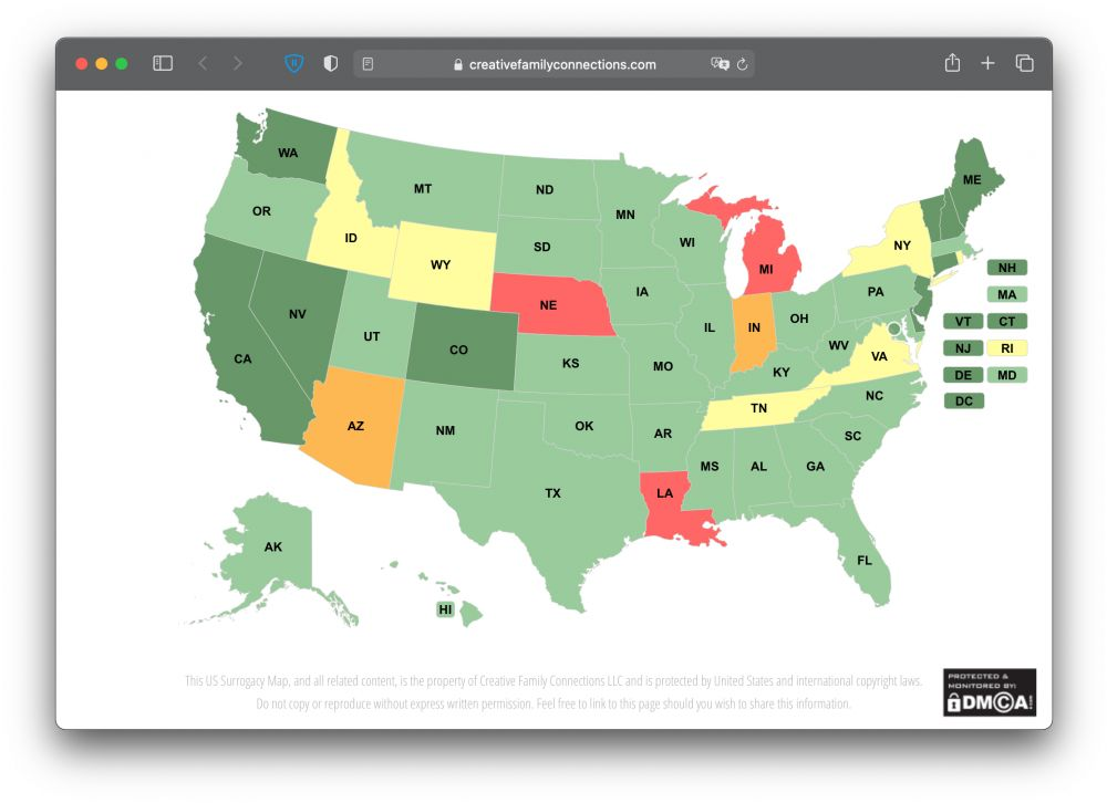 В штатах, которые обозначены темно-зеленым светом, суррогатное материнство полностью разрешено. Светло-зеленый — разрешено, но могут потребоваться дополнительные юридические процедуры, например решение суда. Желтый и оранжевый — практикуют с осторожностью, а красный — запрещено