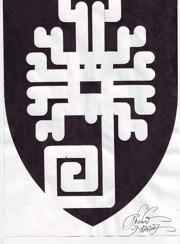 Один из первых эскизов фирменного знака Scorpy Design Studio. Бумага, тушь. 2007. Скорпион вписан в английский щит. Константин пробовал разные формы щитов, в итоге остановился на испанском.