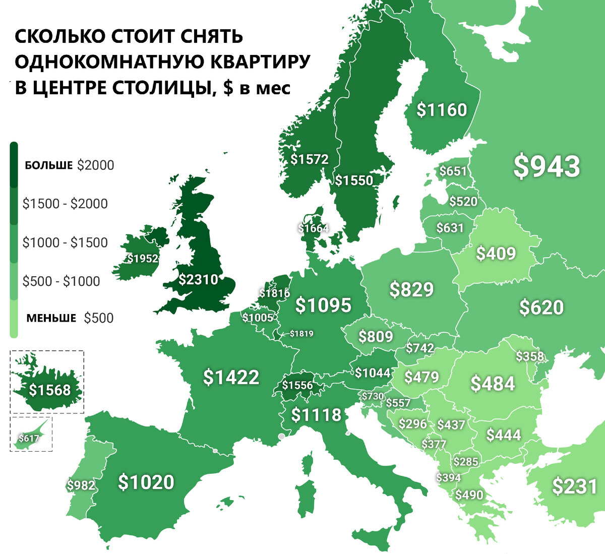 Цена аренды однокомнатной квартиры в Европейских столицах. источник:Яндекс.Картинки