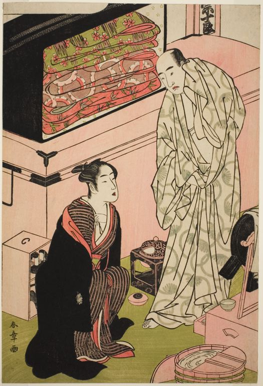 Artist:Katsukawa Shunsho Title:The Actor Sawamura Sojuro III (right), in His Dressing Room in Conversation with the Actor Segawa Kikunojo III (left) Date:c. 1780/83