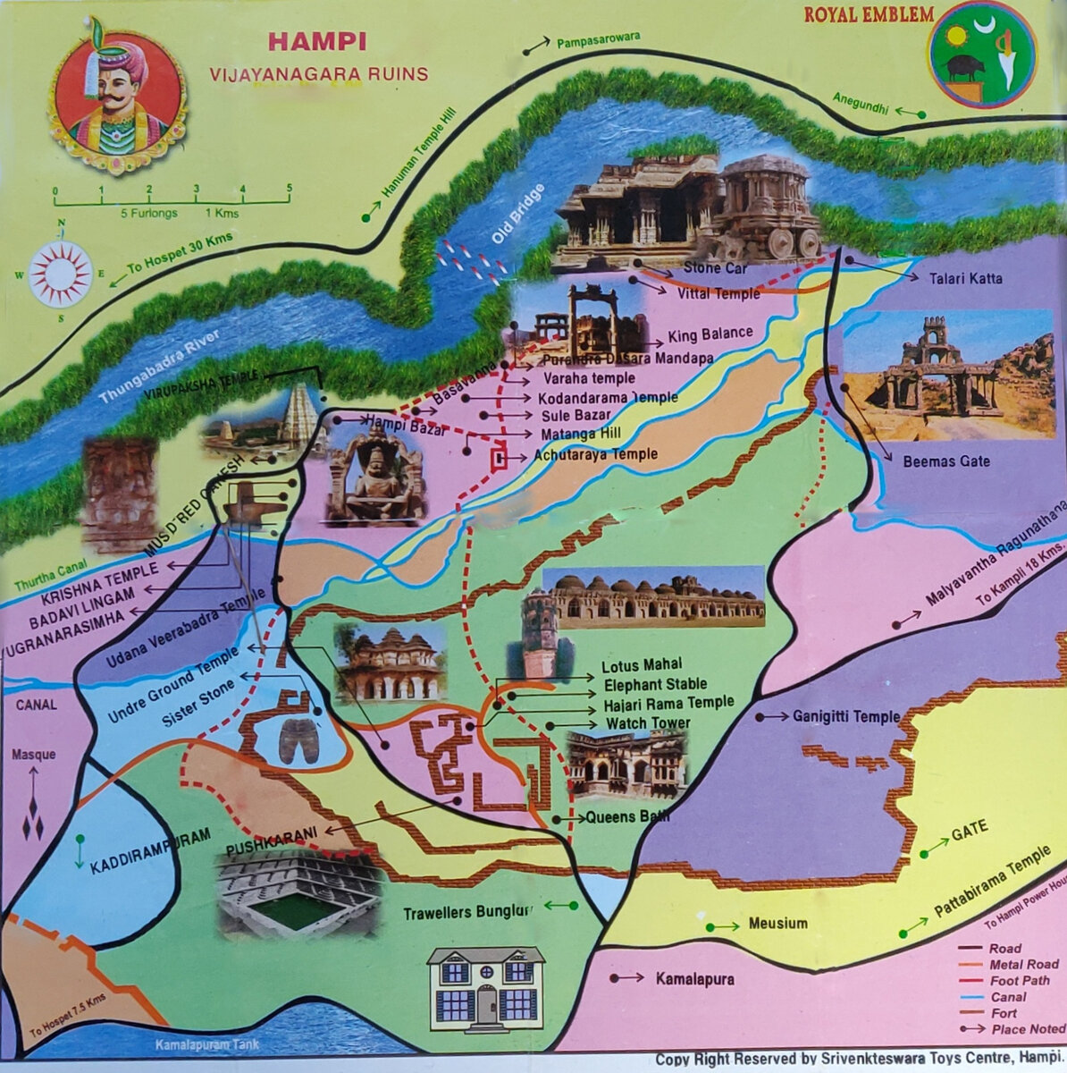 Карта достопримечательностей деревни Хампи.  Hampi Karnataka India