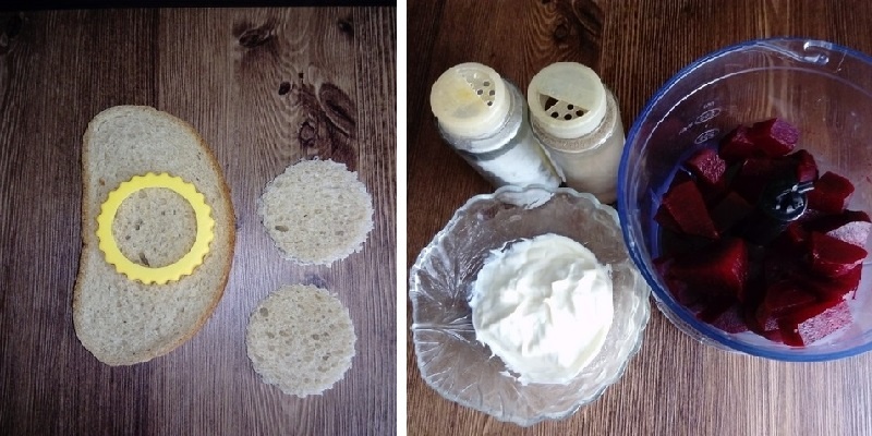 Промойте и отварите свеклу до готовности. Хлеб  нарежьте ломтиками средней ширины. С помощью круглой формочки диаметром  приблизительно 6,5 см вырежьте из хлеба кружочки.    