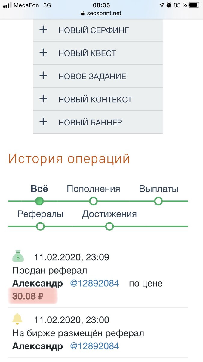 Пример полученных денег от продажи реферала