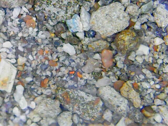 Под микроскопом становится заметно большое разнообразие обломков по форме цвету и размерам, здесь есть на что посмотреть.