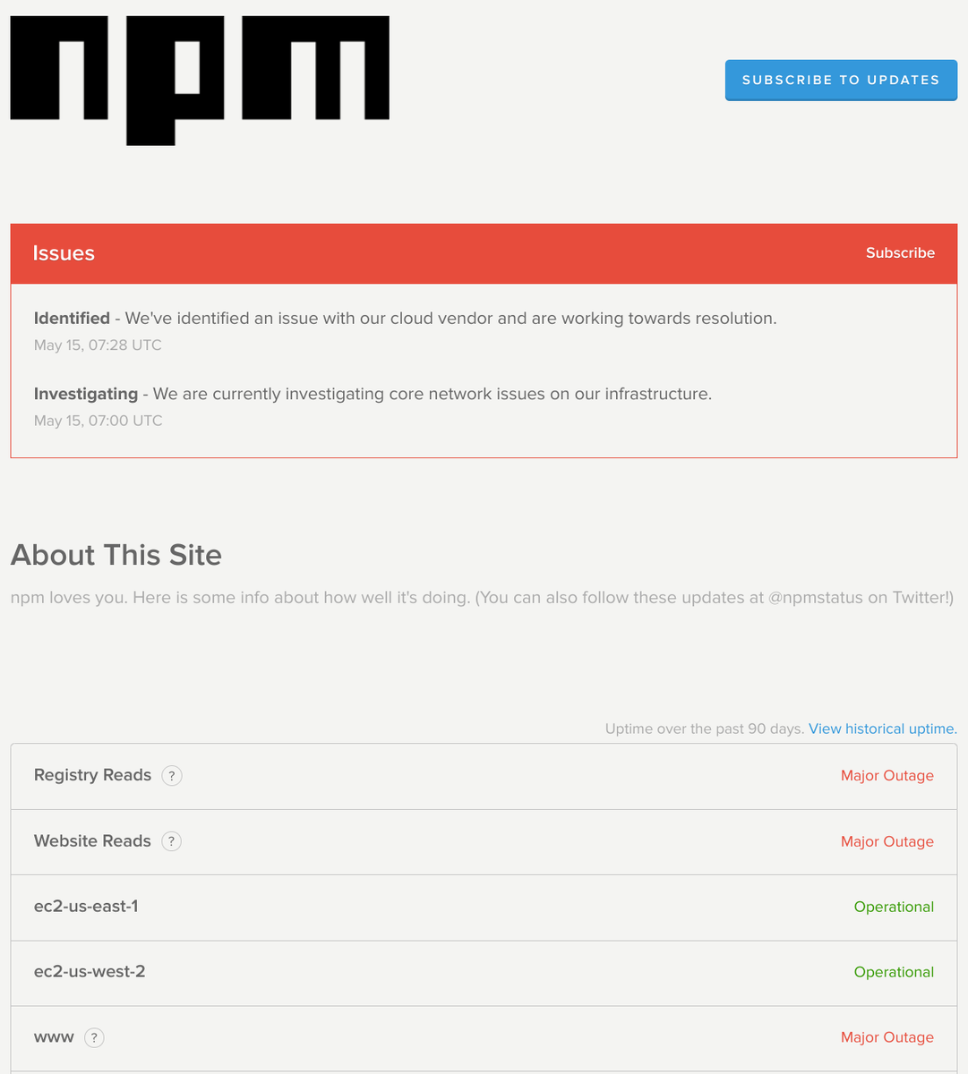 https://status.npmjs.org/ 
