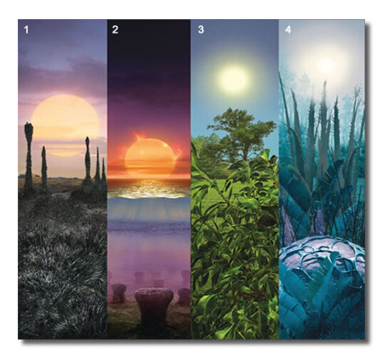 (1) Красные карлики (звезды спектрального класса М) имеют слабое свечение, соответственно растения на землеподобных планетах вблизи них должны быть черными, чтобы поглощать как можно больше света. (2) Молодые М-звезды опаляют поверхность планет ультрафиолетовыми вспышками, поэтому там организмы должны быть водными. (3) Наше Солнце относится к классу G. (4) Рядом же со звездами класса F растения будут получать слишком много света и поэтому должны отражать большую его часть.