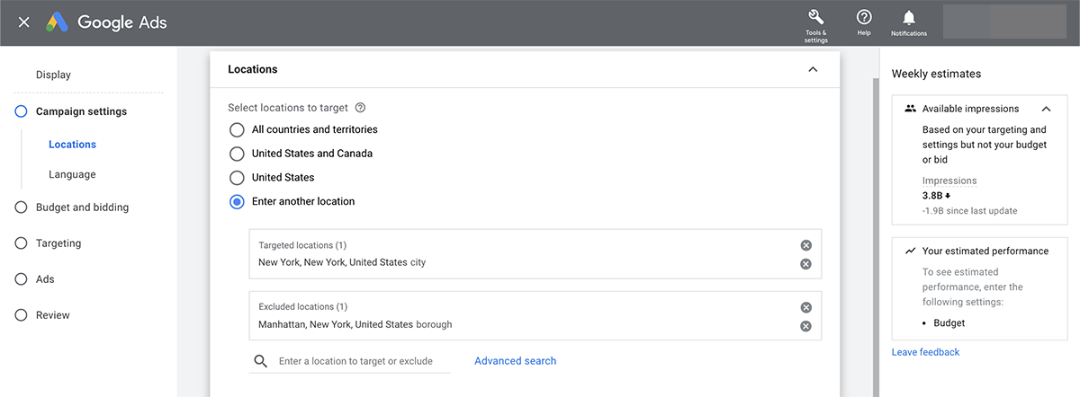 Google Ads позволяет включать или исключать неограниченное количество местоположений.