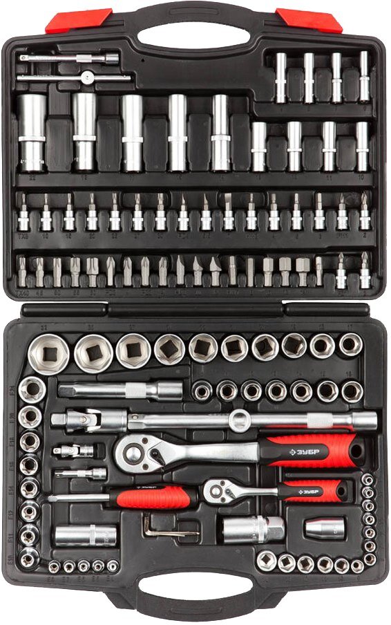 Преимущества: большой набор (110 предметов), 43 шестигранных торцевых головки, 13 головок с Е-профилем, 4 шестигранных ключа, свечные головки, 39 бит, 2 ключа-трещотки, отверточная рукоятка, воротки, карданные шарниры, удлинители.