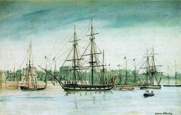 Корабль «Бигль», на котором Дарвин совершил путешествие, 1841 г. Оуэн Стенли. Источник: commons.wikimedia.org