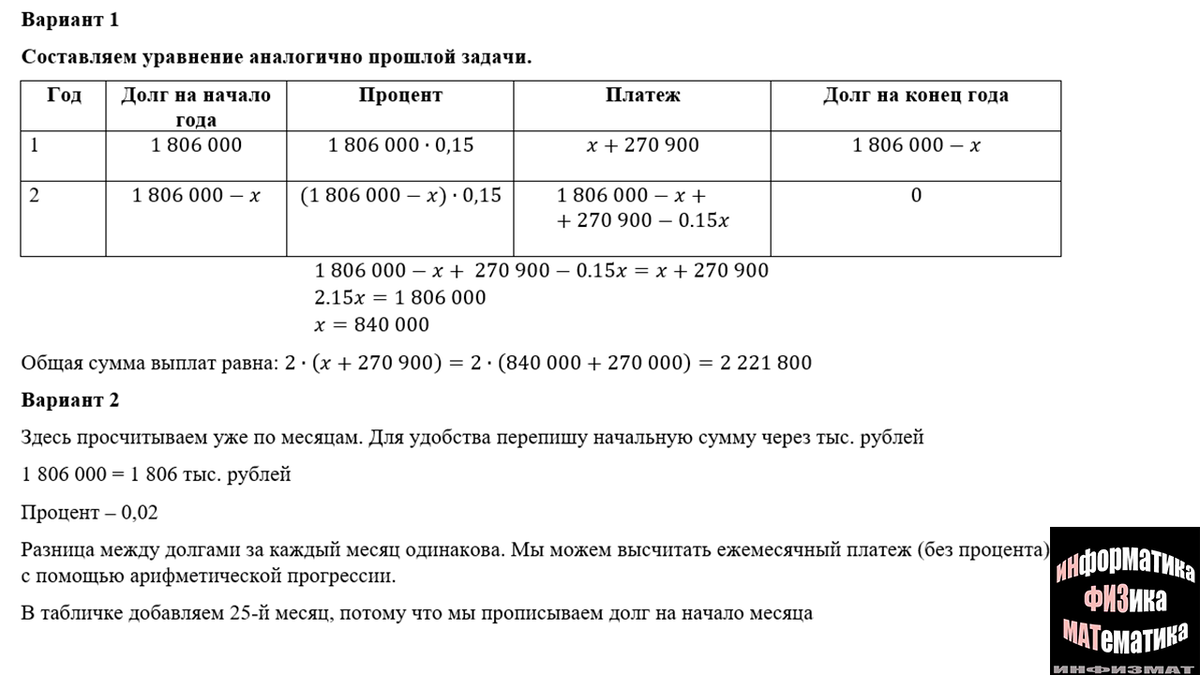 Финансовая математика в №15 ЕГЭ математика профильный уровень. Практический  разбор + задачи для тренировки. Часть 1. | In ФИЗМАТ | Дзен