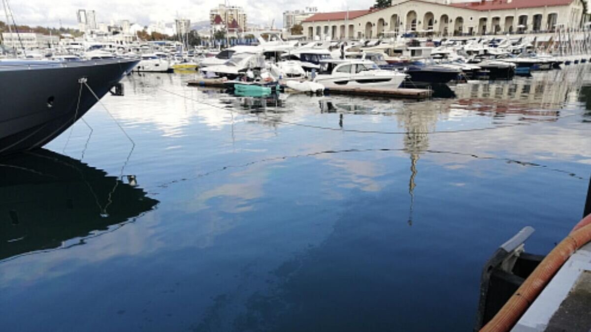    Загрязнение нефтепродуктами Черного моря в порту Сочи© Фото : пресс-служба Черноморо-Азовского морского управления Росприроднадзора