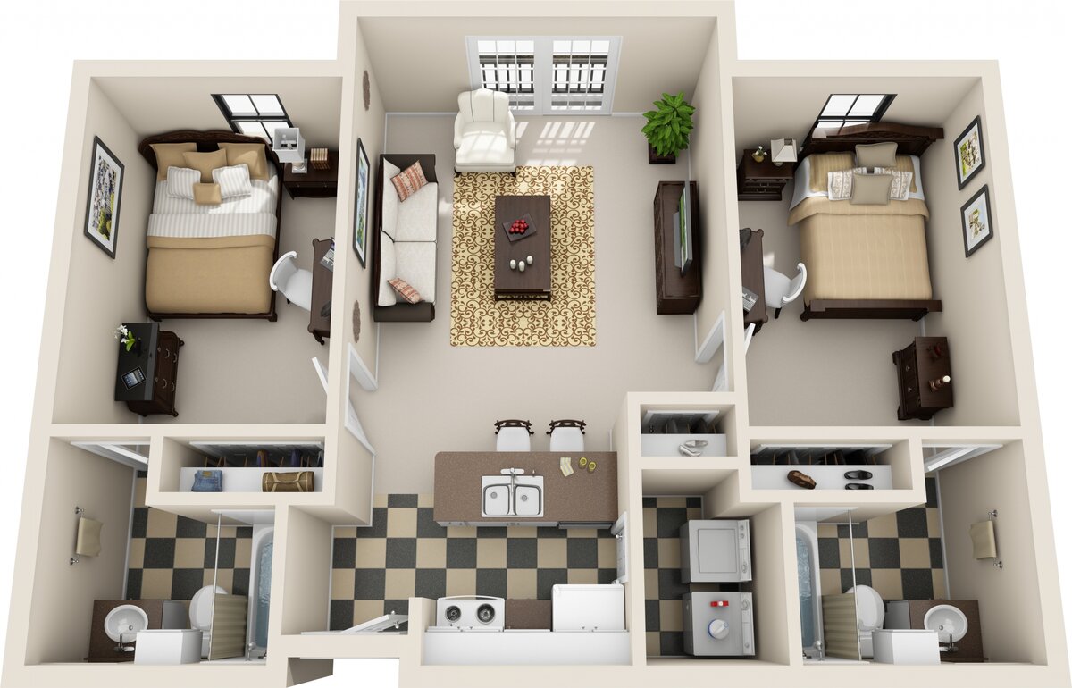 Вот пример типичных западных апартаментов: при каждой спальне свой санузел, зато кухня в темной зоне без единого окна. Насколько это удобно, решайте сами.