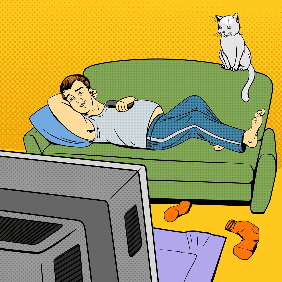кот с пультом на диване