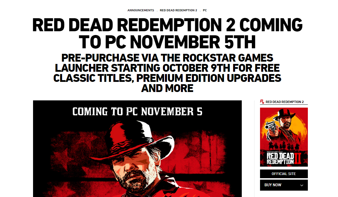 Скриншот официального сайта Rockstargames с датой выхода RDR 2 на пк