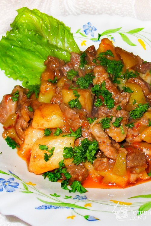 Ингредиенты мясо (говядина или свинина)-500 г
лук репчатый-1-2 шт
огурцы соленые-1-2 шт
картофель-6-8 шт
чеснок-1-2 зубчика
томатный соус или кетчуп-1-2 ст.л.
лавровый лист,соль,свежемолотый перец-по вкусу
