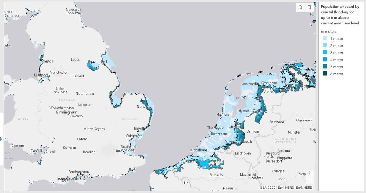 картографические данные иллюстрируют уровень затопления прибрежных Европейских территорий