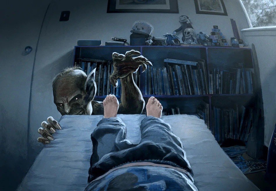 В одном старом доме на первом этаже жила бедная семья в маленькой убогой квартирке. Их жилище очень сильно нуждалось в ремонте. Некоторые окна в нём были разбиты, и вместо стёкол вставлены листы фанеры, а в других местах приклеена клеёнка. Входная дверь часто закрывалась с большим трудом, так как косяки были перекошены. Дом этот находился в неблагополучном районе города, где совершалось много преступлений. 
В этой семье был лишь один ребёнок - мальчик по имени Вова. Он часто не мог заснуть, потому что слышал абсолютно все звуки с улицы. Ему становилось страшно, так как частенько раздавались какие-то ужасные крики снаружи. Он просил своих родителей поставить решётки на окна, так как опасался, что в его комнату может проникнуть какой-нибудь маньяк или наркоман, однако те лишь отнекивались и говорили, что не могут себе этого позволить, ведь с трудом сводят концы с концами, получая мизерную зарплату на работе.  
Как-то раз, в одну дождливую ночь, мальчик Вова внезапно проснулся от того, что его окно было распахнуто, а створка болталась от сквозняка и ударялась об стену, создавая шум. Он встал с постели, подошёл к окну и запер его, затем вернулся назад, сел на кровать и замер, ведь на секунду ему показалось, что послышался какой-то скрежет, однако в комнате стояла гробовая тишина. Только мальчик лёг, как вновь раздался царапающий звук. Вова пытался понять, откуда исходит этот шум, но не смог. В спальне было темно, а фанерные листы на окнах закрывали свет фонарей с улицы. Что касается выключателя, то с проводкой проблемы в доме, поэтому электричество не во всех комнатах работало.
Когда мальчику стало невыносимо от страха, он встал с кровати и по тёмному коридору пошёл в комнату родителей.
 - Мама… мам… - прошептал он. - В моей комнате какой-то странный шум. Мне страшно. - его мать пришла в себя и застонала от недовольства.
- Что? Может, это ветка дерева ударяется об твоё окно? - спросила она.
- Но возле моего окна нет никаких деревьев. - ответил Вова.
- Дом старый. Наверное, это просто крысы в стенах скребутся. - пробормотала она. - Иди, ложись! Сам не спишь и другим не даёшь. 
Несмотря на страх, Вова неохотно вернулся к себе в комнату. Мальчик лёг в постель, закрыл глаза и попытался уснуть, однако он сильно нервничал, и это мешало ему расслабиться для того, чтобы провалиться в сон. Каждый шорох, каждый звук за окном заставляли идти мурашки по его коже.
Спустя какое-то время он всё же начал засыпать. Разбудил его странный скрежет. Звуки были громче и чётче. Складывалось такое впечатление, что кто-то царапает когтями по дереву, затем по металлу. Сложно было определить откуда исходит этот скрежет. Иногда казалось, что за окном, а иногда под кроватью, и даже за стеной. Сначала Владимир старался не обращать на это внимание и пытался заснуть, но звуки становились не выносимыми: мальчика прям трясло от страха.
Вдруг послышался звук рвущейся ткани, после которого Вова почувствовал резкую пронзительную боль в спине, словно его укололи. Он вскочил с кровати и закричал. На шум прибежал отец мальчика.
- Ты чё разорался? - удивлённо спросил он.
- Папа, меня что-то укусило! - ответил Вова. Отец отвёл его на кухню, включил свет и осмотрел спину сына. На коже он увидел колотую рану, из которой сочилась кровь.
- Блин, это не похоже на укус насекомого! Такое ощущение, что тебя чем-то укололи. Пошли в комнату. - сказал он. Взяв с собой фонарик, он вместе с сыном отправился к нему в спальню.
- Держи! Посвети на кровать, а я осмотрю матрас. - сказал отец, после чего убрал одеяло и увидел на простыне маленькую дырочку и пятна крови рядом с ней. Убрав постельное бельё, он провёл рукой по голому матрасу и нащупал что-то острое. - А, это пружина выскочила. Видимо она и уколола тебя. - пришёл к выводу отец. Он перевернул матрас и от увиденного дар речи потерял, ведь из него торчал нож.
- Дай фонарик. - сказал испуганно отец, после чего наклонился и посветил под кровать. Его сердце в груди буквально сжималось от страха. Когда он обнаружил там только лишь уличную грязь, то его немного отпустило. Затем папа мальчика направил свет на пол в направлении окна. От кровати до подоконника вели следы. Следы грязи. Оказывается, ночью кто-то пробрался в комнату мальчика через окно и лёг под кровать. Этим странным скрежетом был звук ножа, которым убийца хотел проколоть или прорезать матрас, чтобы убить мальчика.
Закрыв окно, отец сказал. - Повезло! Но я думаю, вряд ли этот ублюдок вернётся. Ложись спать, всё будет хорошо. - после этих слов отправился к себе, оставив своего сына. Мальчик лёг и попытался снова уснуть, но мысли об этом маньяке не давали ему покоя. Спустя какое-то время послышался удар по окну, мальчик открыл глаза и увидел на подоконники силуэт, освещённый светом ночных фонарей. В руках этот некто держал нож. Вова хотел убежать, но по каким-то причинам не смог встать. Посмотрев ещё раз на окно, он никого не увидел. Сделал ещё одну попытку подняться, но адреналин выбросило в кровь от увиденного. Мальчик захотел закричать, но его рот зажал ладонью улыбающийся маньяк, который непонятным образом очутился с другой стороны кровати.
На утро родители мальчика обнаружили пропажу сына. На простыне было кровавое пятно, а на полу следы крови и уличной грязи, которые вели к открытому окну... 