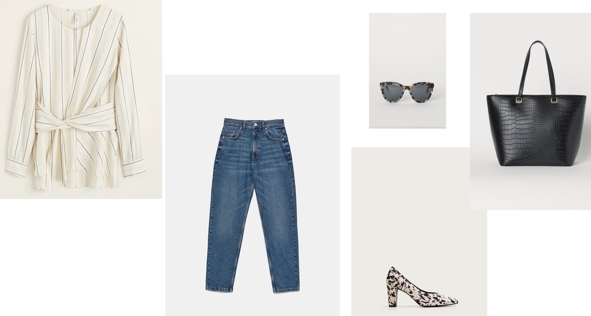 Блузка в полоску, с завязками Mango (APT. 41030644-RAIN2-LM, цена 1299 руб); джинсы Zara (Z1975 MOM FIT , цена 2599 руб), туфли Mango outlet (3 999 руб), очки H&M (цена 2990 руб), сумка - шоппер с крокодиловым узором H&M (цена 2 299 Pуб)