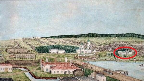 Рис. 2. Суксунский железоделательный завод. Акварель 1860-х г.г. (обведен старый господский дом, просуществовавший до 1896 г.; слева - церковь Во Имя Михаила Архангела Архистратига, сохранился; внизу - Суксунский железоделательный завод - не сохранился)