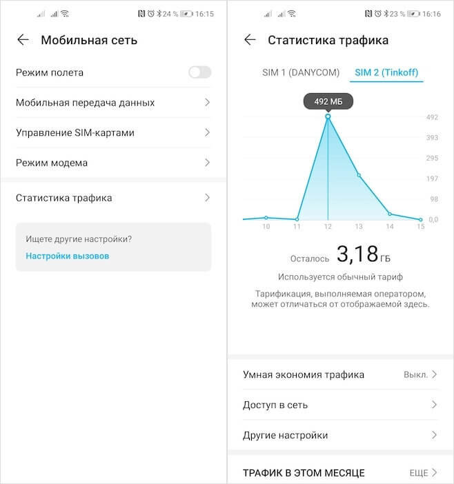Посмотреть статистику трафика можно в настройках