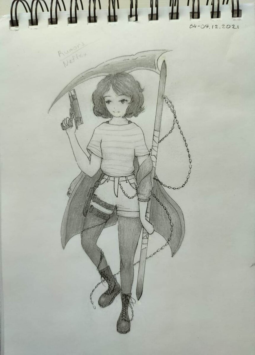 Да, изначально я не хотела, чтобы она получилась ребёнком. Зато она стала прототипом для своей взрослой версии. Топ удобнее футболки, а большое количество цепей и кардиган лишь мешают концетрации на битве. Также Кэлла-девушка надела перчатки, чтобы не заработать мозоли постоянным маханьем косой