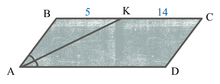 Дано: ABCD – параллелограмм;
AK – биссектриса ∠A;
𝐵𝐾=5;
𝐶𝐾=14.
Найти: Р_𝐴𝐵𝐶𝐷 = ?