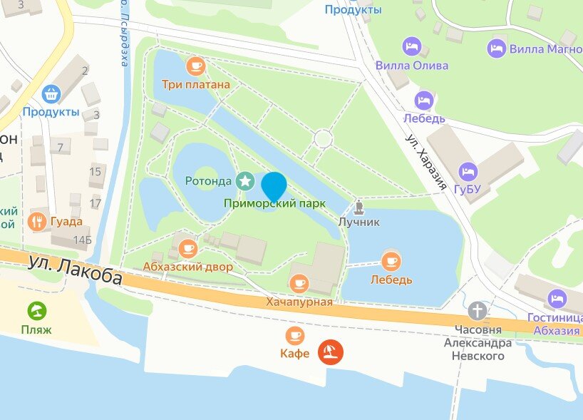 Приморский парк на карте, в центре внизу Хачапурная, в которой мы потом пообедали