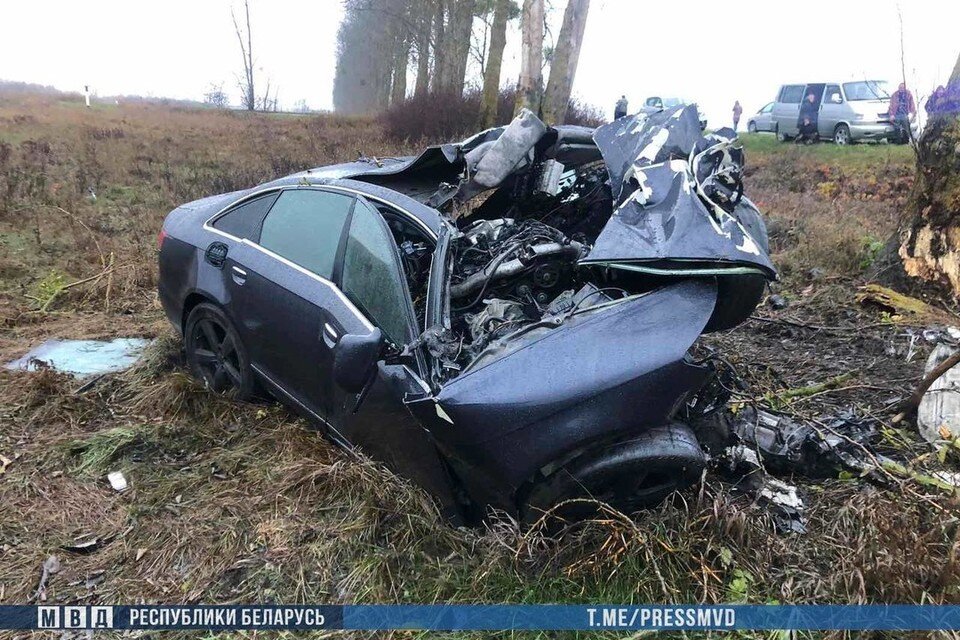     Водитель авто не справился с управлением, съехал в кювет и врезался в дерево в Дрогичинском районе. Фото: телеграм-канал МВД Беларуси