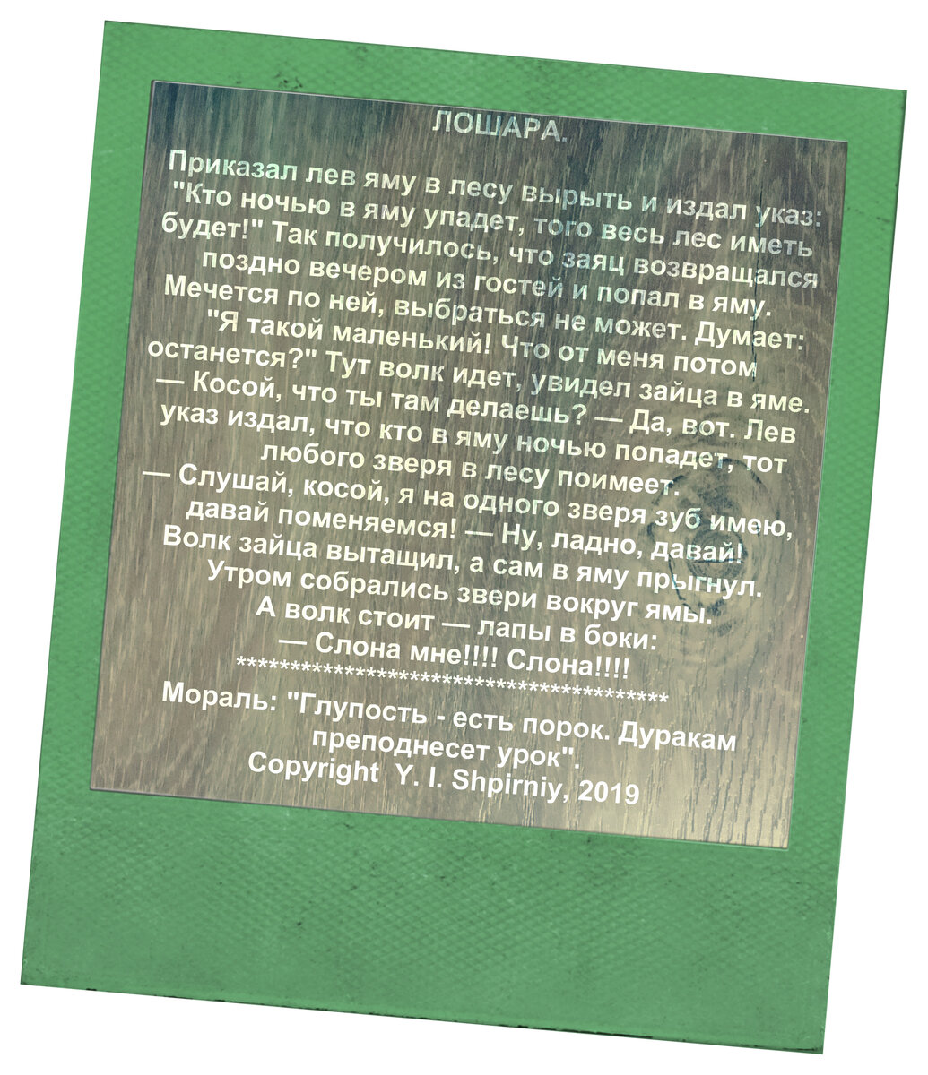 Мораль: "Глупость - есть порок. Дуракам  преподнесет урок".
Copyright © Y. I. Shpirniy, 2019

