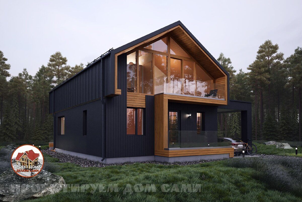 Вид на главный и левый фасады дома (вариант 2). Источник изображения: канал "Проектируем дом САМИ" (zen.yandex.ru/proektdoma), Яндекс Дзен.