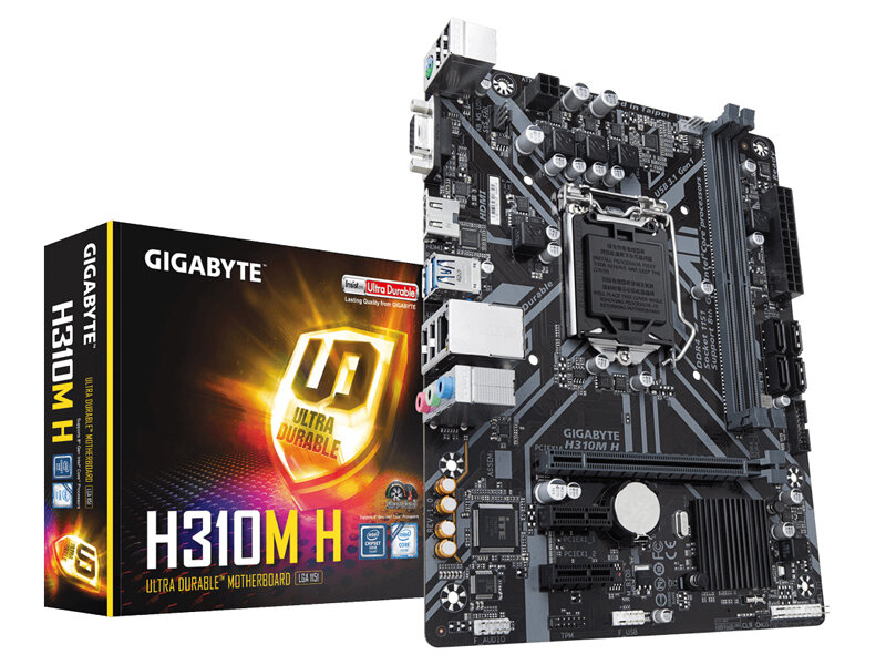 Материнская плата Gigabyte H310M-H на фоне своей упаковочной коробки. Формат платы mATX. Видны разъемы задней панели: USB, аудиовыходы и т.д.