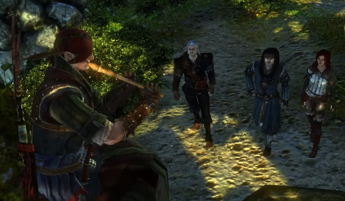 Скриншот из игры Ведьмак 2. Йорвет играет на флейте. Впоследствии по сюжету, Геральт должен был найти эльфа по этой мелодии. На картинке кадр из квеста - "Скверный приём"