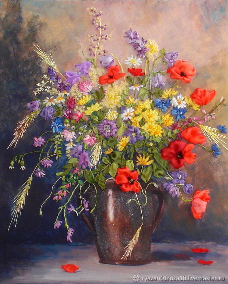 Букет полевых цветов. Нежная вышивка лентами из натурального и искусственного шелка выполнена по мотивам картины австрийской художницы Camilla Göbl-Wahl. Основа - габардин.