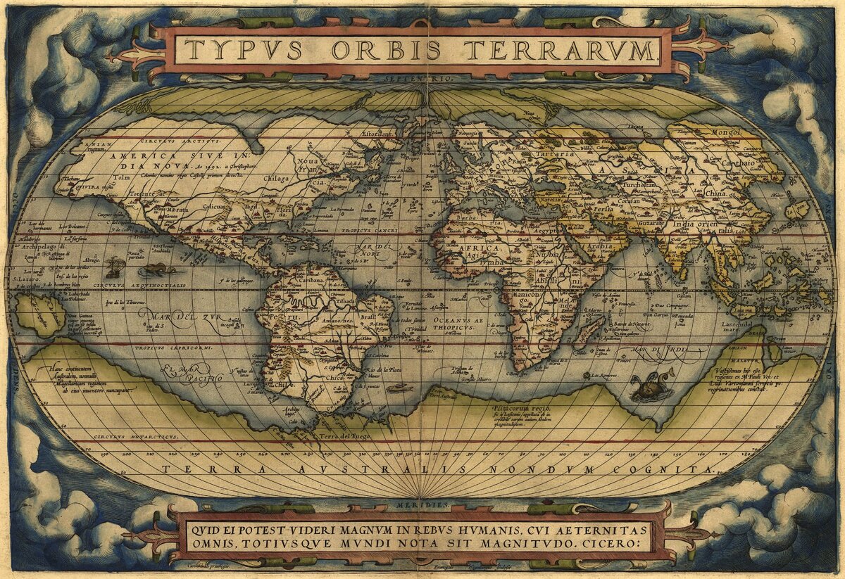 Карта  Theatrum orbis terrarum Абрахама Ортелия, XVI век. Чтобы рассмотреть мелкие детали, щелкните правой кнопкой мыши и выберите "Открыть картинку в новой вкладке". Затем можно еще увеличить, нажав на "+". 