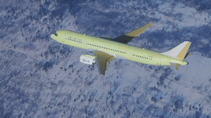Авиалайнер МС-21-310 с двигателем ПД-14, первый полёт (GIF видео).
