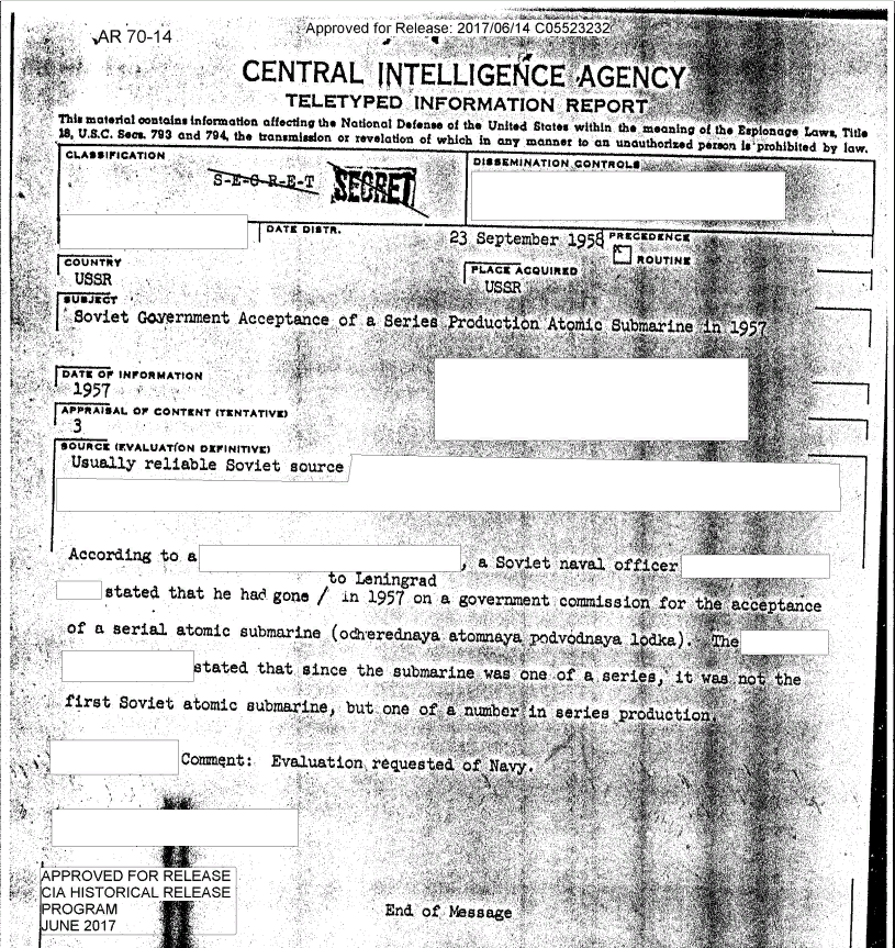 "Советский морской офицер сообщает о закладке очередной атомной подлодки", ЦРУ, 23 сентября 1958 года.