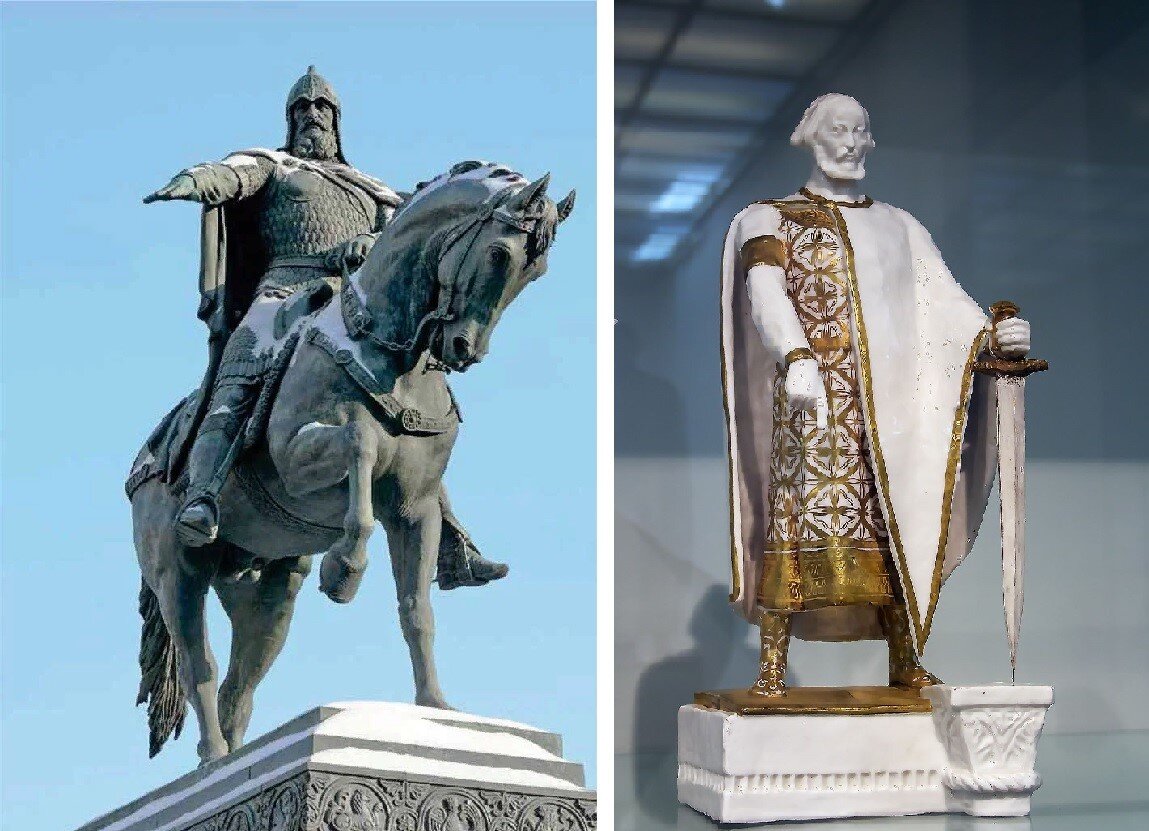 Слева: Памятник Ю. Долгорукому работы С. Орлова. Справа: проект В. Мухиной.