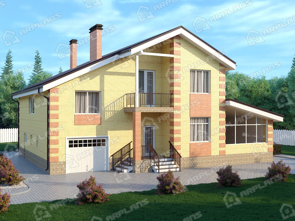 Фото 1 двухэтажного дома из кирпича с мансардой, 6 спальнями и балконом. Полезная площадь 179 кв м. Источник arplans.ru Проект К-154