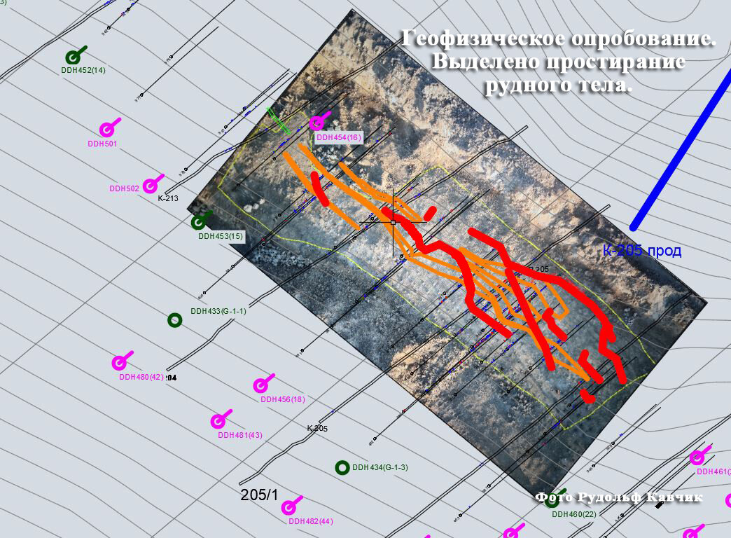 Оранжевым цветом обозначены рудные блоки. Красным цветом отмечено простирание минерализованной зоны, которая выявлена металлоискателем в ходе выполнения работ. Как видите, они полностью совпадают. 
